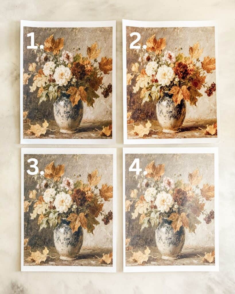 Four versions of the same vintage wall art are displayed in a 2x2 grid, each numbered 1 to 4. The painting features a vase with white and orange flowers and autumn leaves on a light surface.