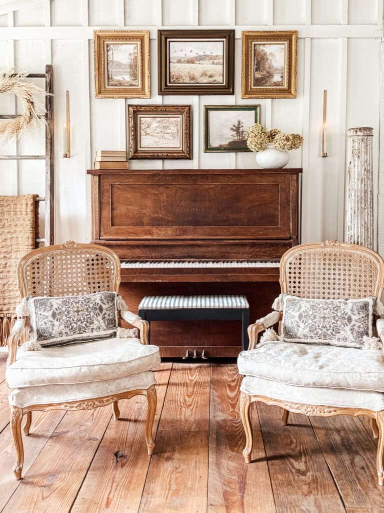 A room with a piano and chairs, styled in digital vintage art, evokes a nostalgic yet modern atmosphere.
