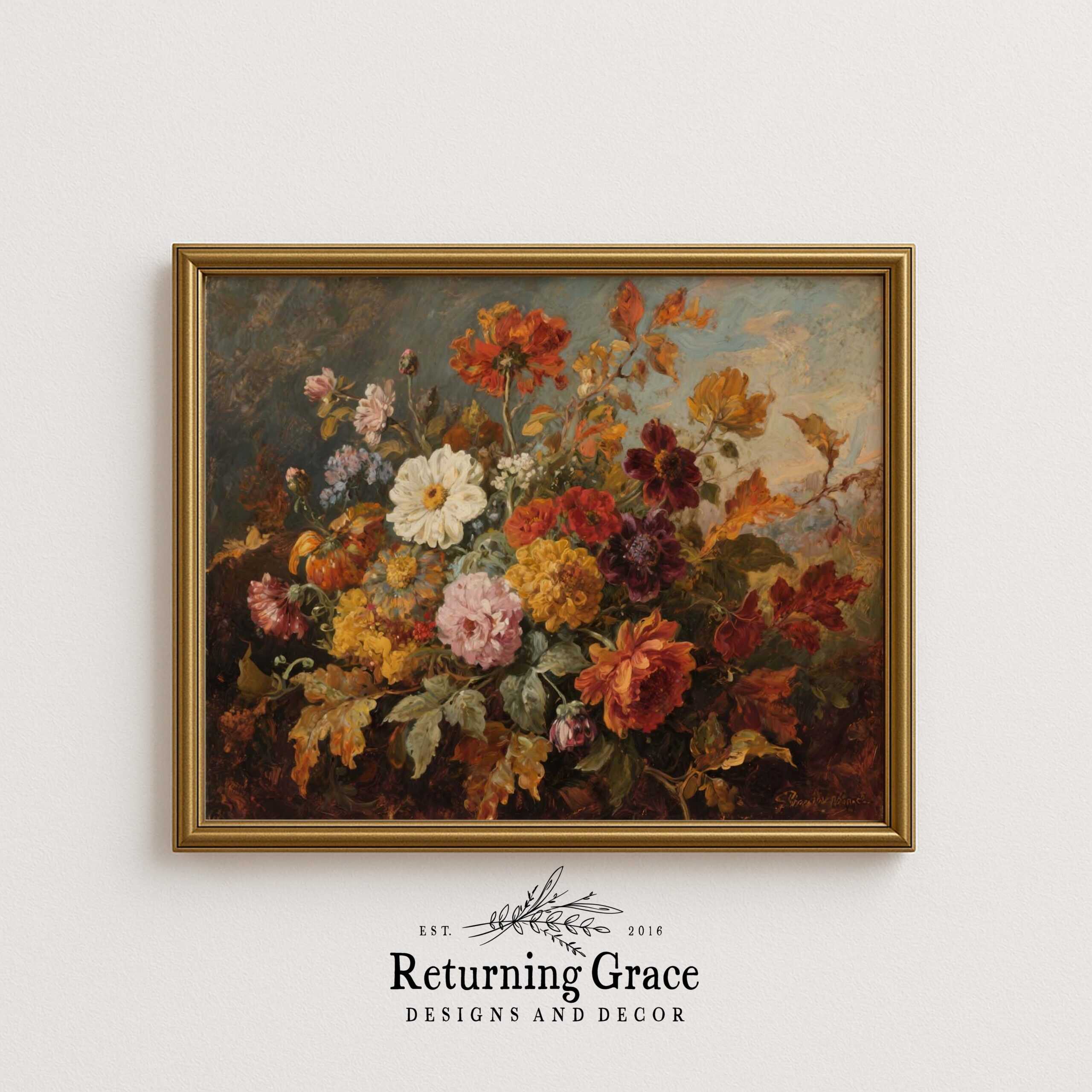 A framed painting of a vibrant floral arrangement with various colorful flowers and autumn leaves, hanging on a plain white wall above the Returning Grace Designs and Decor logo.