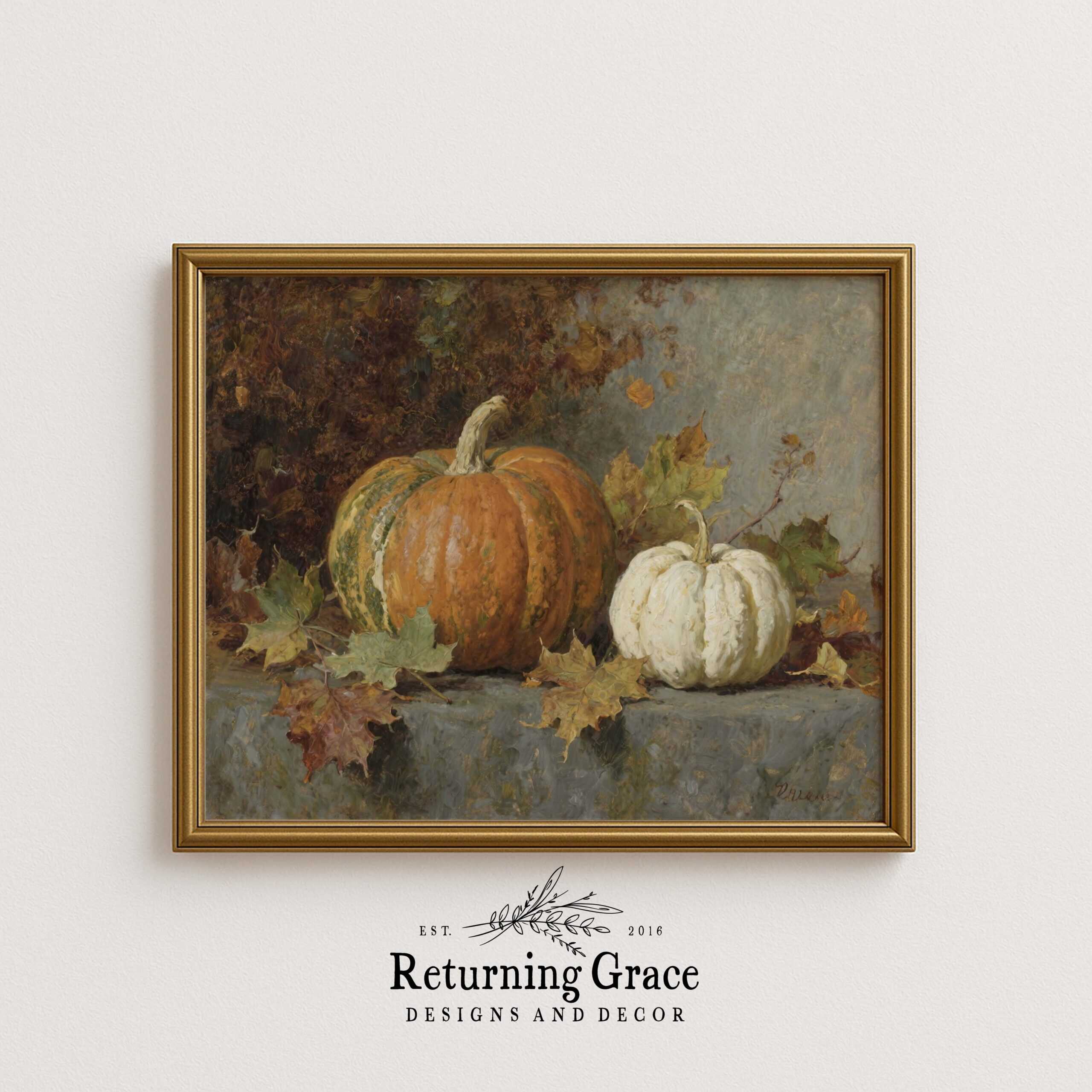 A framed painting of an orange pumpkin and a white pumpkin surrounded by autumn leaves on a stone surface, displayed above the Returning Grace Designs and Decor logo.