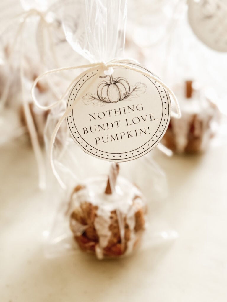 A small pumpkin-shaped bundt cake wrapped in clear plastic, tied with string, and a round tag that reads “NOTHING BUNDT LOVE, PUMPKIN!” sits on a light surface with more treats blurred in the background.