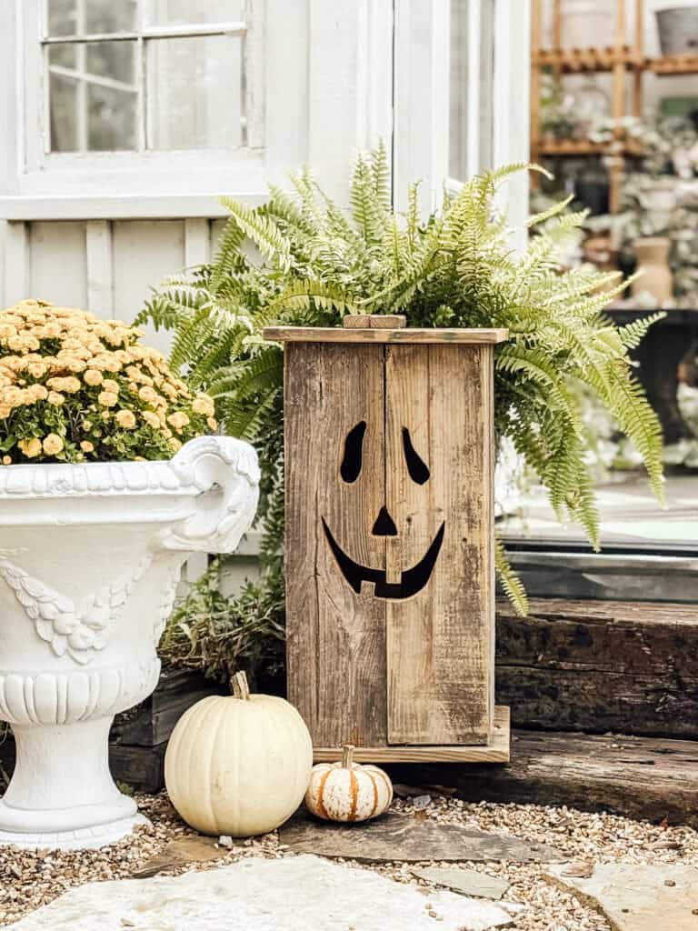 A rustic wooden box with a carved jack-o-lantern face stands among green ferns, next to a white planter filled with yellow flowers and two pumpkins, one white and one striped, near a white house.