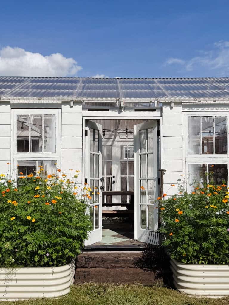 A white greenhouse with open double doors and multiple windows, surrounded by green plants with orange flowers, sits under a blue sky with scattered clouds. Steps lead up to the entrance.