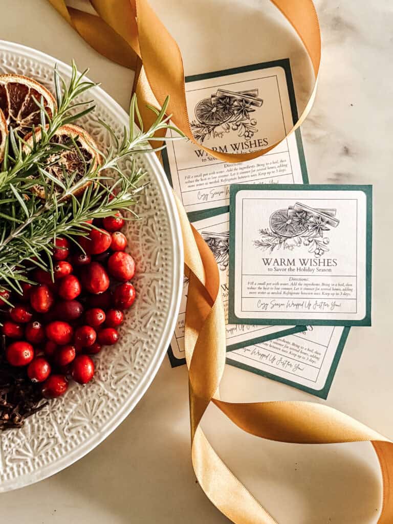 A white plate with cranberries, dried orange slices, and rosemary sits beside festive holiday cards that read Warm Wishes, with a gold satin ribbon draped across a light-colored surface.